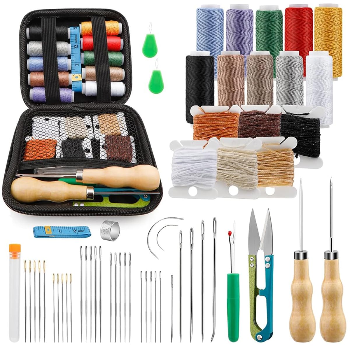 HASTHIP 59 Pcs Leather Sewing Kit, Leather Needles for Hand Sewing, Heavy Duty Sewing Upholstery Repair Kit Waxed Thread Large-Eye Stitching Needles for Carseat Backpack Carpet Boots Shoes Sofa HASTHIP 59 Pcs Leather Sewing Kit, Leather Needles for Hand Sewing, Heavy Duty Sewing Upholstery Repair Kit Waxed Thread Large-Eye Stitching Needles for Carseat Backpack Carpet Boots Shoes Sofa